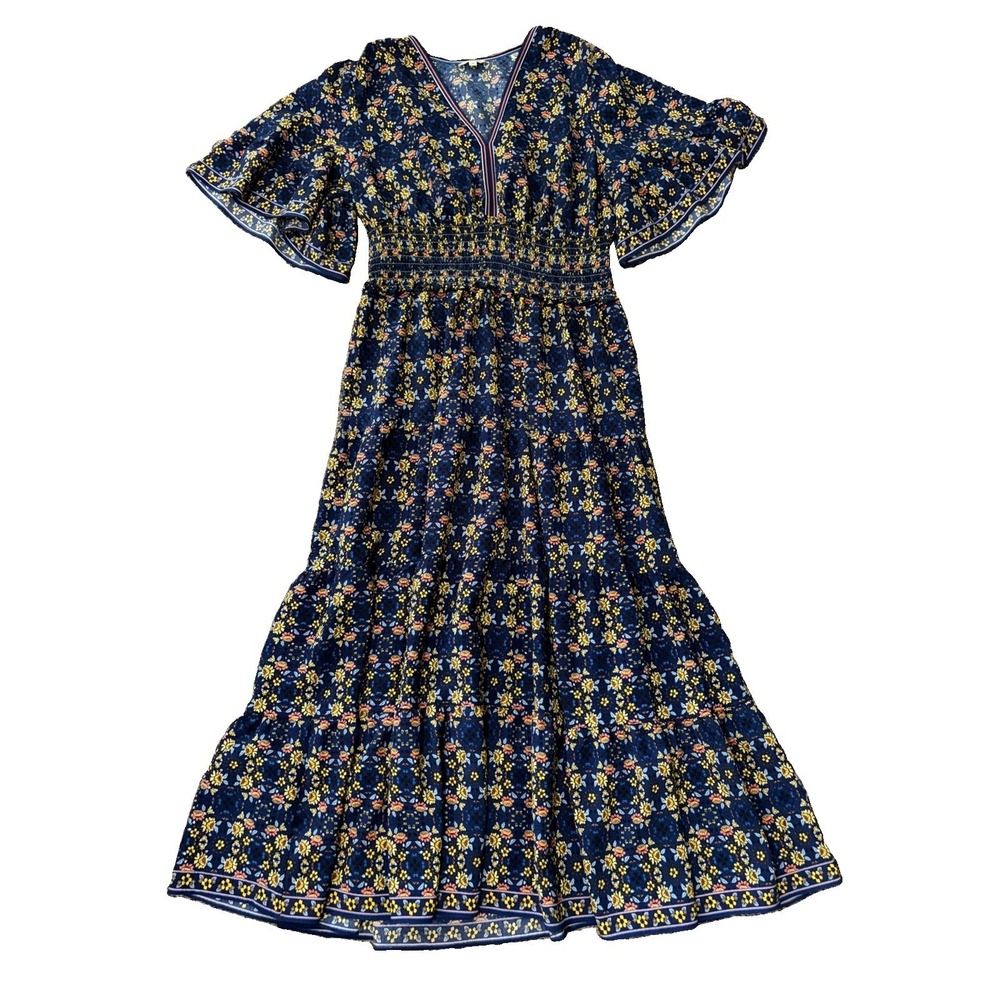 Max Studio London 1X Blue Floral Smocked Maxi Flutter Sleeve Cottagecore Boho - Picture 2 of 9